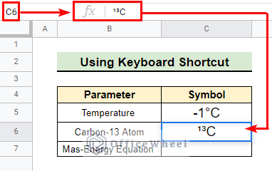 Symbol of carbon-13 inserted in cell C6